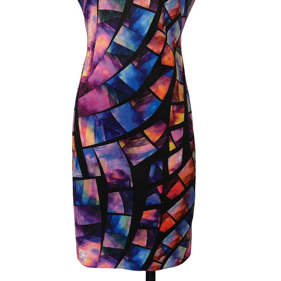 Joseph Ribkoff Stained Glass Sheath Dress Size 8 Cap Sleeve Knee Length Career - Picture 3 of 8